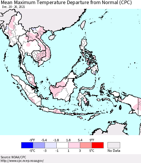 South East Asia Mean Maximum Temperature Departure from Normal (CPC) Thematic Map For 12/20/2021 - 12/26/2021