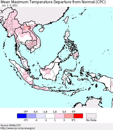 South East Asia Mean Maximum Temperature Departure from Normal (CPC) Thematic Map For 1/3/2022 - 1/9/2022