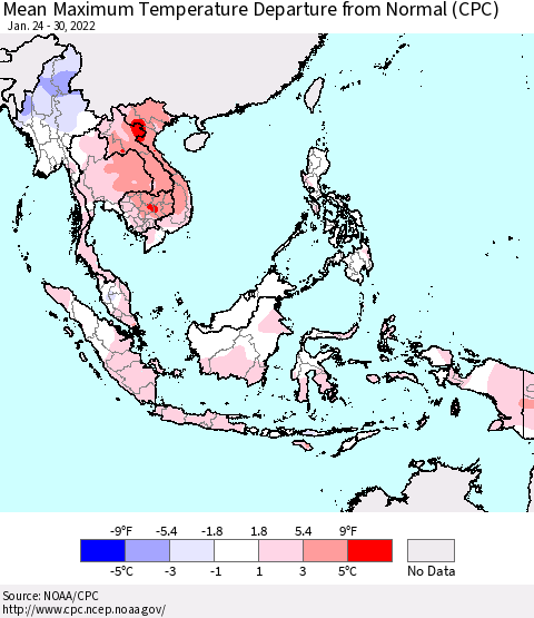 South East Asia Mean Maximum Temperature Departure from Normal (CPC) Thematic Map For 1/24/2022 - 1/30/2022