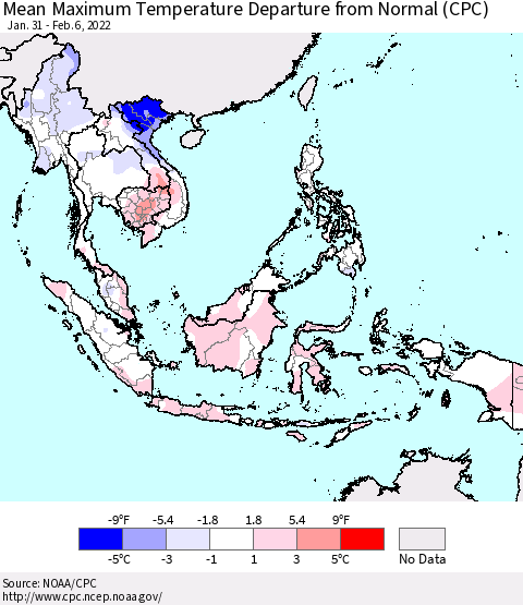 South East Asia Mean Maximum Temperature Departure from Normal (CPC) Thematic Map For 1/31/2022 - 2/6/2022