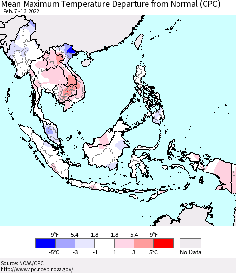 South East Asia Mean Maximum Temperature Departure from Normal (CPC) Thematic Map For 2/7/2022 - 2/13/2022