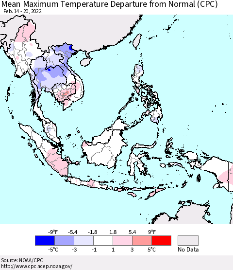 South East Asia Mean Maximum Temperature Departure from Normal (CPC) Thematic Map For 2/14/2022 - 2/20/2022