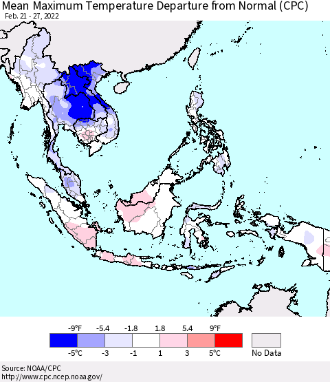South East Asia Mean Maximum Temperature Departure from Normal (CPC) Thematic Map For 2/21/2022 - 2/27/2022