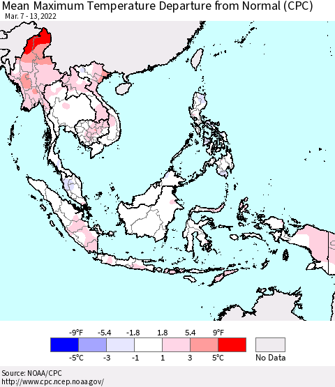 South East Asia Mean Maximum Temperature Departure from Normal (CPC) Thematic Map For 3/7/2022 - 3/13/2022