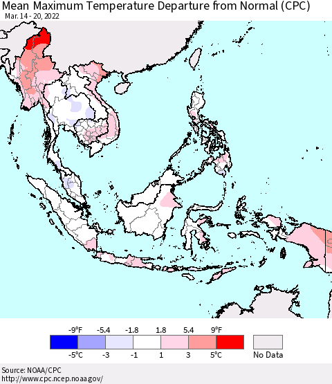 South East Asia Mean Maximum Temperature Departure from Normal (CPC) Thematic Map For 3/14/2022 - 3/20/2022