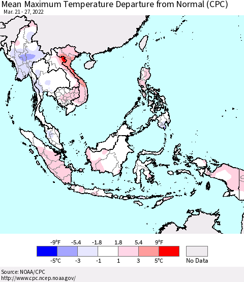 South East Asia Mean Maximum Temperature Departure from Normal (CPC) Thematic Map For 3/21/2022 - 3/27/2022