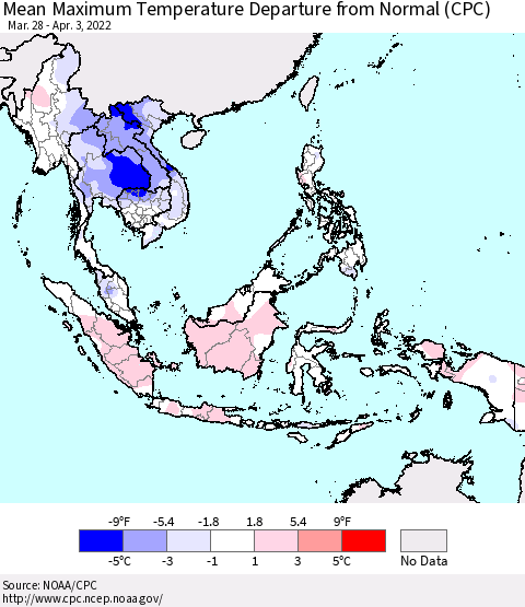 South East Asia Mean Maximum Temperature Departure from Normal (CPC) Thematic Map For 3/28/2022 - 4/3/2022