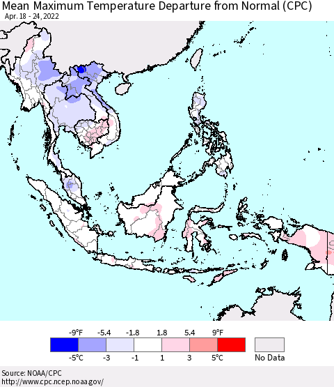 South East Asia Mean Maximum Temperature Departure from Normal (CPC) Thematic Map For 4/18/2022 - 4/24/2022