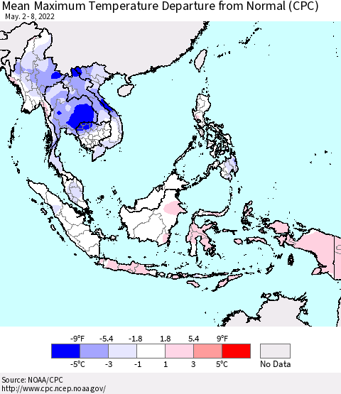 South East Asia Mean Maximum Temperature Departure from Normal (CPC) Thematic Map For 5/2/2022 - 5/8/2022