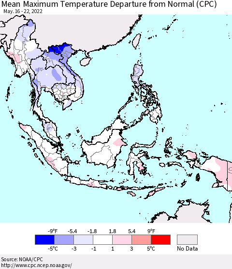 South East Asia Mean Maximum Temperature Departure from Normal (CPC) Thematic Map For 5/16/2022 - 5/22/2022