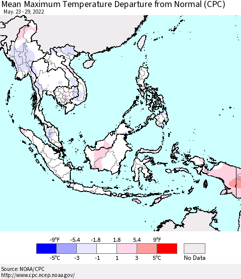 South East Asia Mean Maximum Temperature Departure from Normal (CPC) Thematic Map For 5/23/2022 - 5/29/2022