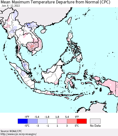 South East Asia Mean Maximum Temperature Departure from Normal (CPC) Thematic Map For 6/6/2022 - 6/12/2022