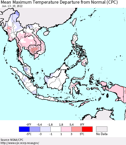South East Asia Mean Maximum Temperature Departure from Normal (CPC) Thematic Map For 6/13/2022 - 6/19/2022
