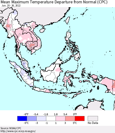 South East Asia Mean Maximum Temperature Departure from Normal (CPC) Thematic Map For 6/20/2022 - 6/26/2022