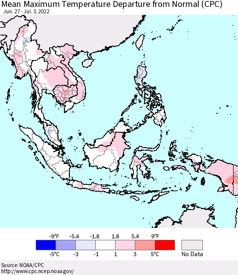 South East Asia Mean Maximum Temperature Departure from Normal (CPC) Thematic Map For 6/27/2022 - 7/3/2022