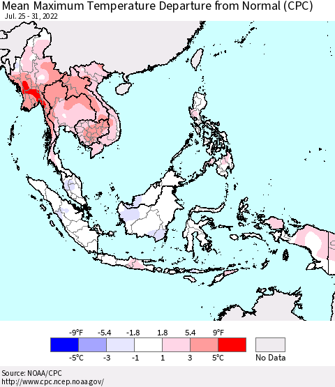 South East Asia Mean Maximum Temperature Departure from Normal (CPC) Thematic Map For 7/25/2022 - 7/31/2022