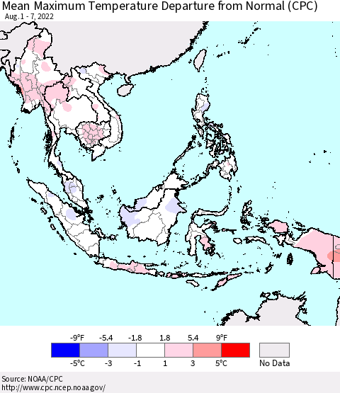 South East Asia Mean Maximum Temperature Departure from Normal (CPC) Thematic Map For 8/1/2022 - 8/7/2022