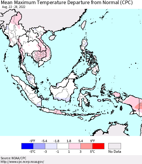 South East Asia Mean Maximum Temperature Departure from Normal (CPC) Thematic Map For 8/22/2022 - 8/28/2022