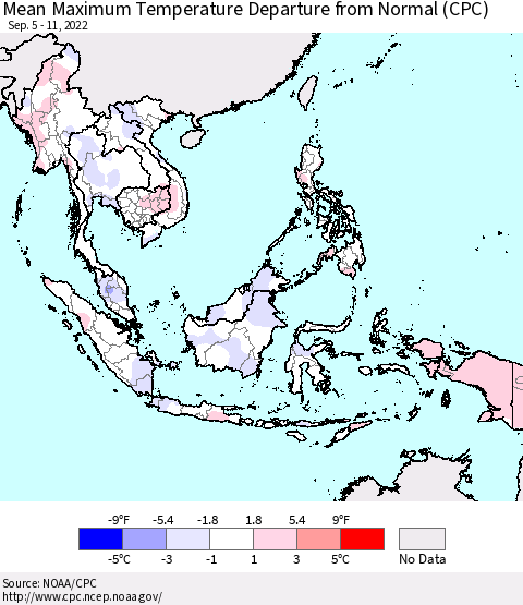 South East Asia Mean Maximum Temperature Departure from Normal (CPC) Thematic Map For 9/5/2022 - 9/11/2022