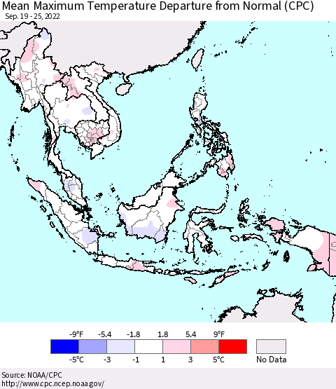 South East Asia Mean Maximum Temperature Departure from Normal (CPC) Thematic Map For 9/19/2022 - 9/25/2022