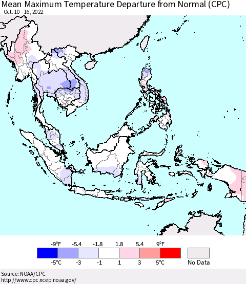 South East Asia Mean Maximum Temperature Departure from Normal (CPC) Thematic Map For 10/10/2022 - 10/16/2022