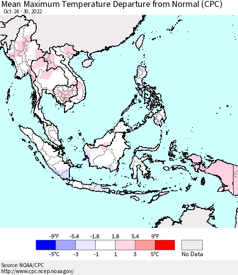 South East Asia Mean Maximum Temperature Departure from Normal (CPC) Thematic Map For 10/24/2022 - 10/30/2022
