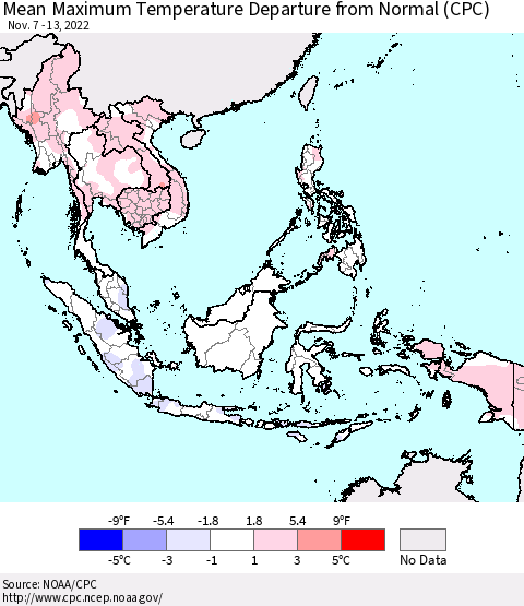 South East Asia Mean Maximum Temperature Departure from Normal (CPC) Thematic Map For 11/7/2022 - 11/13/2022