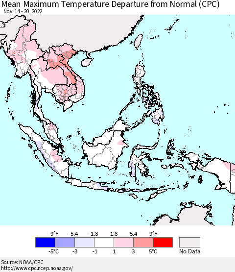 South East Asia Mean Maximum Temperature Departure from Normal (CPC) Thematic Map For 11/14/2022 - 11/20/2022
