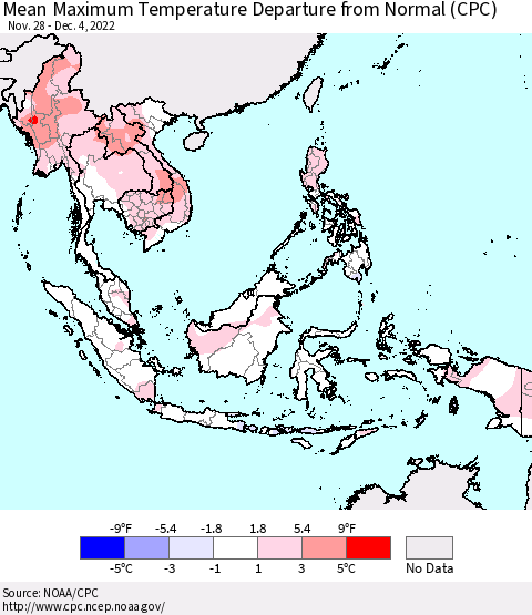 South East Asia Mean Maximum Temperature Departure from Normal (CPC) Thematic Map For 11/28/2022 - 12/4/2022