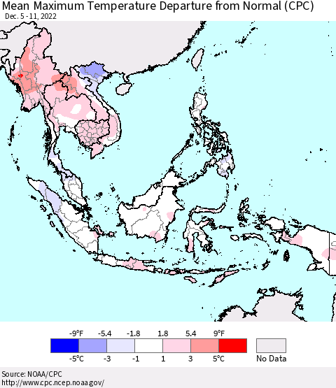 South East Asia Mean Maximum Temperature Departure from Normal (CPC) Thematic Map For 12/5/2022 - 12/11/2022
