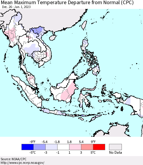 South East Asia Mean Maximum Temperature Departure from Normal (CPC) Thematic Map For 12/26/2022 - 1/1/2023