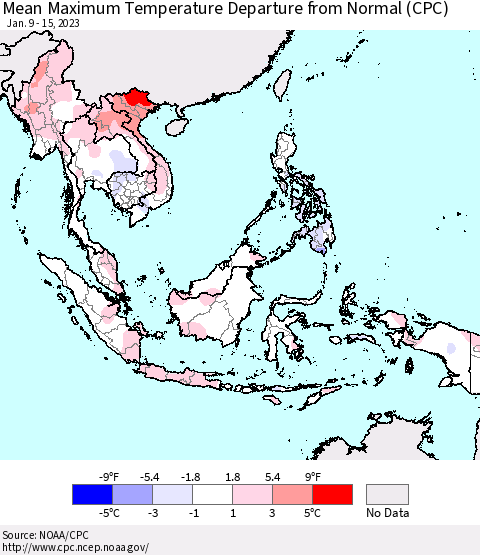 South East Asia Mean Maximum Temperature Departure from Normal (CPC) Thematic Map For 1/9/2023 - 1/15/2023
