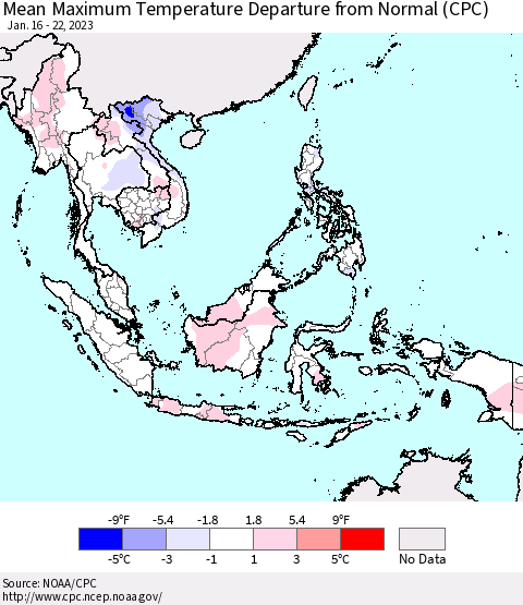 South East Asia Mean Maximum Temperature Departure from Normal (CPC) Thematic Map For 1/16/2023 - 1/22/2023