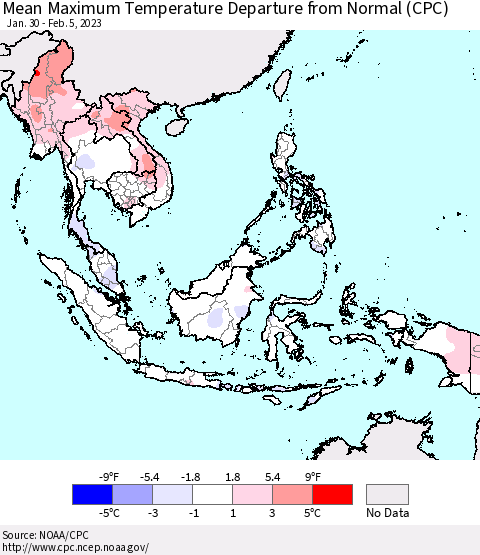 South East Asia Mean Maximum Temperature Departure from Normal (CPC) Thematic Map For 1/30/2023 - 2/5/2023
