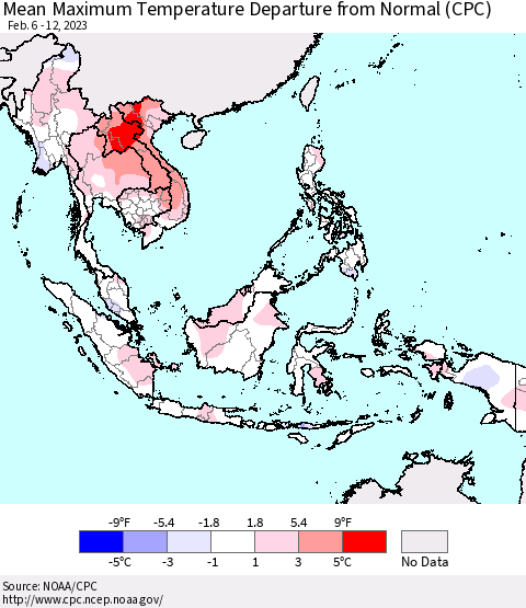 South East Asia Mean Maximum Temperature Departure from Normal (CPC) Thematic Map For 2/6/2023 - 2/12/2023