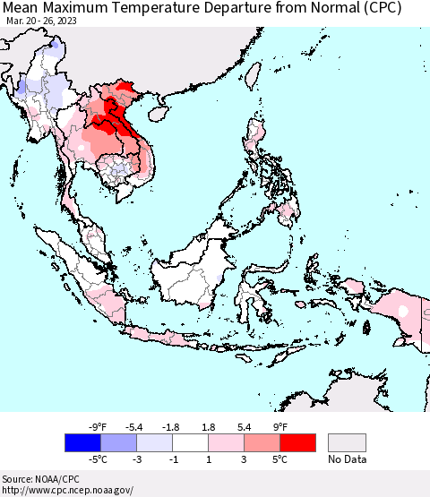 South East Asia Mean Maximum Temperature Departure from Normal (CPC) Thematic Map For 3/20/2023 - 3/26/2023