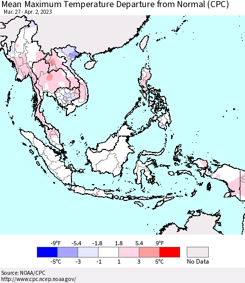 South East Asia Mean Maximum Temperature Departure from Normal (CPC) Thematic Map For 3/27/2023 - 4/2/2023