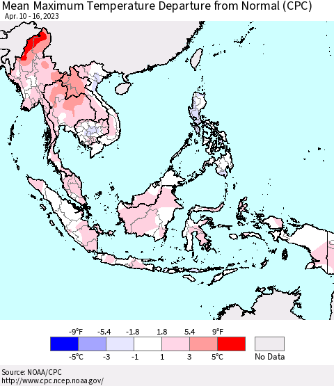 South East Asia Mean Maximum Temperature Departure from Normal (CPC) Thematic Map For 4/10/2023 - 4/16/2023