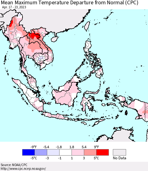 South East Asia Mean Maximum Temperature Departure from Normal (CPC) Thematic Map For 4/17/2023 - 4/23/2023