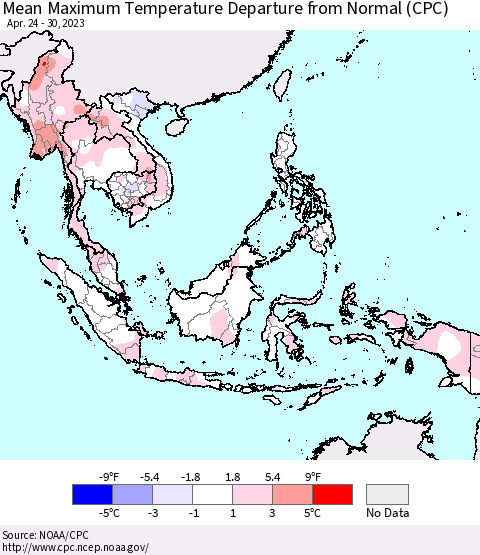 South East Asia Mean Maximum Temperature Departure from Normal (CPC) Thematic Map For 4/24/2023 - 4/30/2023