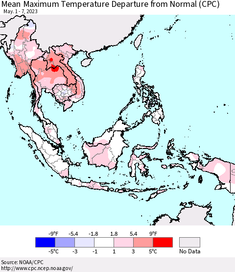 South East Asia Mean Maximum Temperature Departure from Normal (CPC) Thematic Map For 5/1/2023 - 5/7/2023