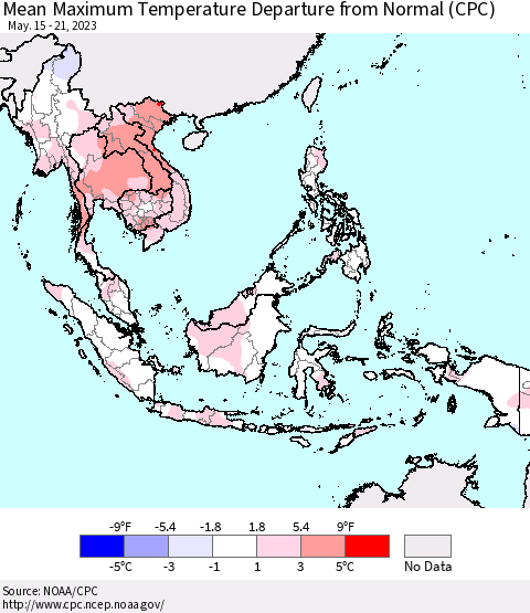 South East Asia Mean Maximum Temperature Departure from Normal (CPC) Thematic Map For 5/15/2023 - 5/21/2023