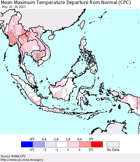 South East Asia Mean Maximum Temperature Departure from Normal (CPC) Thematic Map For 5/22/2023 - 5/28/2023
