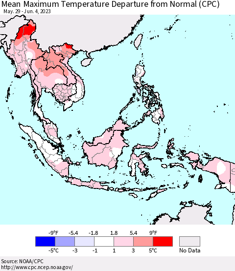 South East Asia Mean Maximum Temperature Departure from Normal (CPC) Thematic Map For 5/29/2023 - 6/4/2023