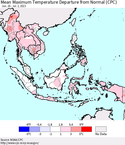 South East Asia Mean Maximum Temperature Departure from Normal (CPC) Thematic Map For 6/26/2023 - 7/2/2023