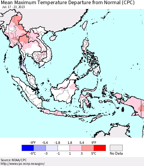 South East Asia Mean Maximum Temperature Departure from Normal (CPC) Thematic Map For 7/17/2023 - 7/23/2023