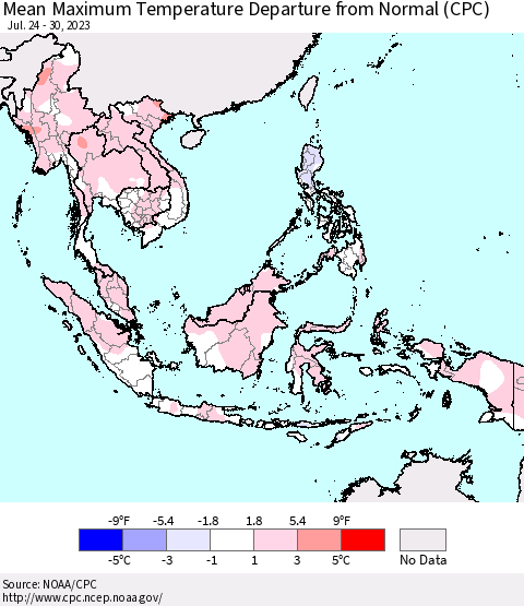 South East Asia Mean Maximum Temperature Departure from Normal (CPC) Thematic Map For 7/24/2023 - 7/30/2023