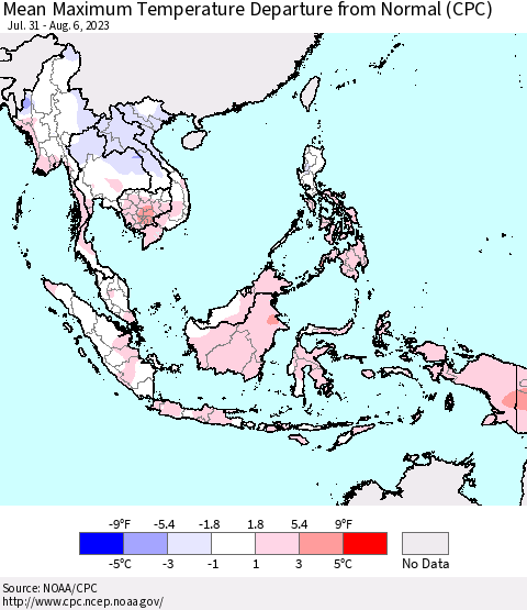 South East Asia Mean Maximum Temperature Departure from Normal (CPC) Thematic Map For 7/31/2023 - 8/6/2023