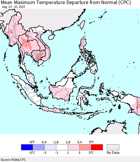 South East Asia Mean Maximum Temperature Departure from Normal (CPC) Thematic Map For 8/14/2023 - 8/20/2023