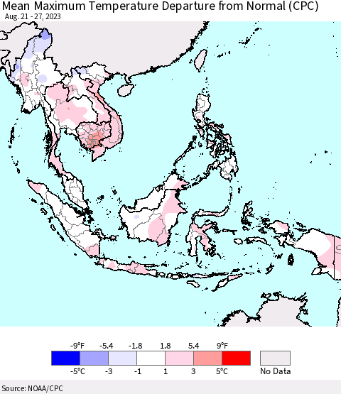 South East Asia Mean Maximum Temperature Departure from Normal (CPC) Thematic Map For 8/21/2023 - 8/27/2023